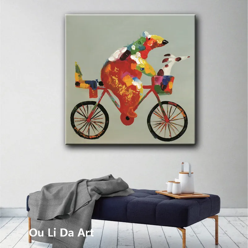 НОВЫЙ catoon медведь ездить на велосипеде печатания холст нож картины маслом