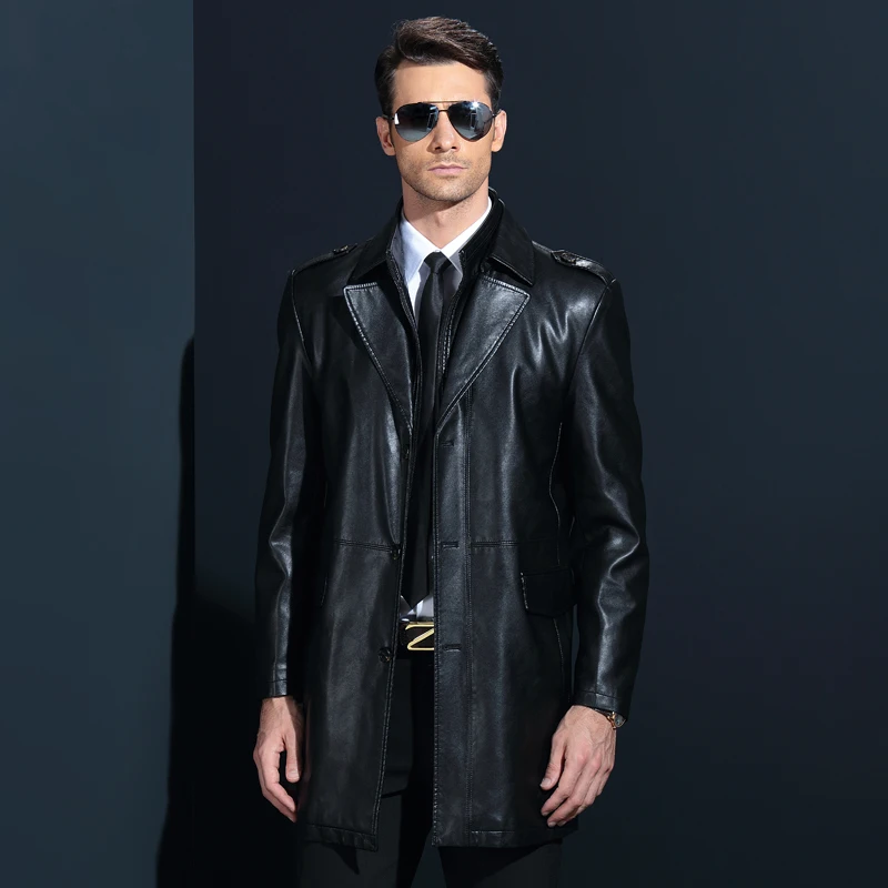 Winter Men pu Leather Long Jackets Business Casual Turn-Collar Thick Outwear and Coats Chaqueta Cuero Hombre | Мужская одежда