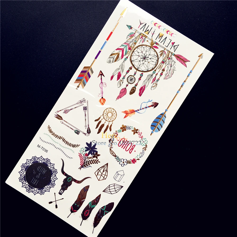 

1PC New Fashion Indian Dreamcatcher Tatoo Gold Metallic Arrow Ox Head Temporary Tattoo Stickers Waterproof Body Art Tatoo Women