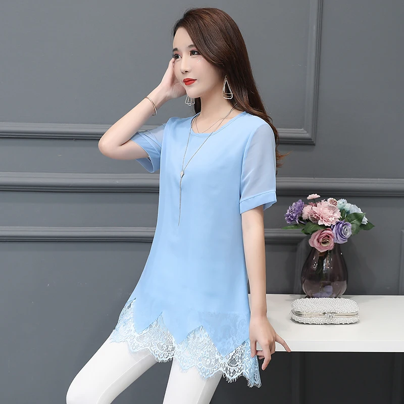 Sky Blue Длинная туника, топы 5XL 4XL 3XL размера плюс для женщин, короткий рукав, пэтчворк, имитация двух частей, ажурный, вязанный кружевной топ, блузка, рубашки - Цвет: Sky Blue