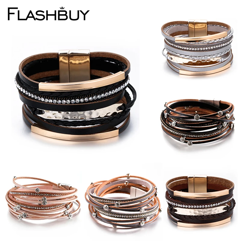 Flashbuy, сплав, стразы, модные браслеты для женщин, ювелирное украшение, подарок, несколько слоев, кожаные браслеты