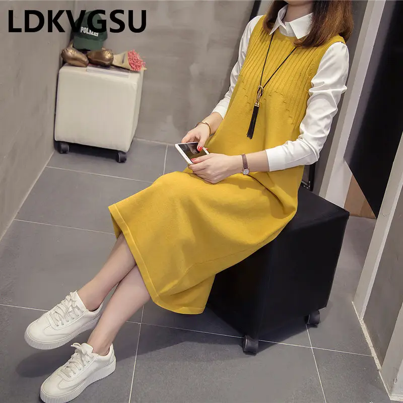 Sleeveless Knitted Dress Women' Long Loose Large Size Sweater Dresses Autumn Winter New Casual Pull Femme Vestidos Tide Is1478 |