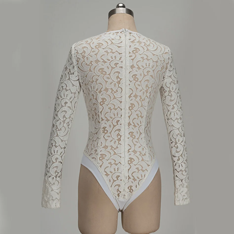 B141 пикантные JLo белые длинные рукава с круглым вырезом Sheer Lace Bodysuit | Женская одежда