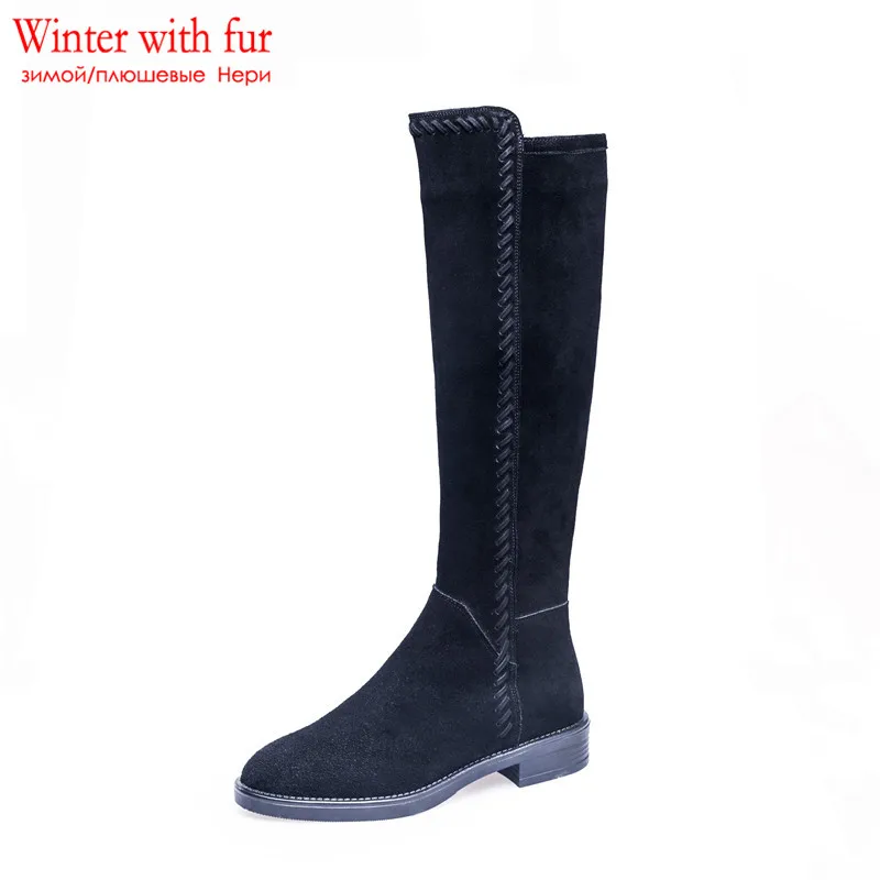 black 1 with fur MORAZORA/Новинка года; сапоги до колена из натуральной кожи; женские сапоги с круглым носком; сезон осень-зима; однотонные модные модельные туфли - Цвет: black 1 with fur