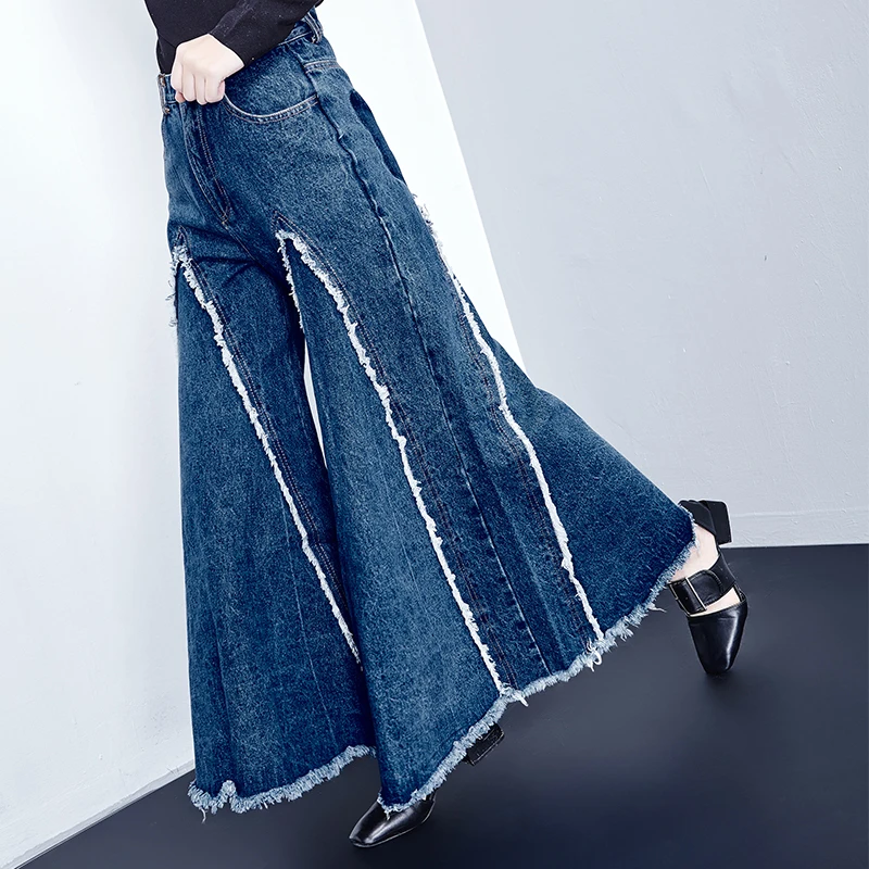 GETSPRING женские брюки асимметричные расклешенные джинсовые подходящие к цвету