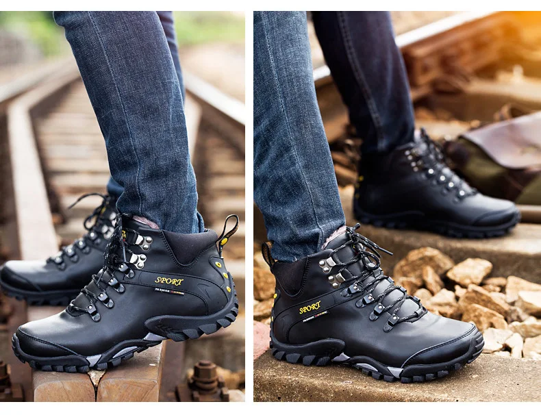 Зимние мужские ботинки; теплые плюшевые Водонепроницаемые кожаные ботильоны на шнуровке; Высокая модная повседневная обувь; мужские зимние ботинки