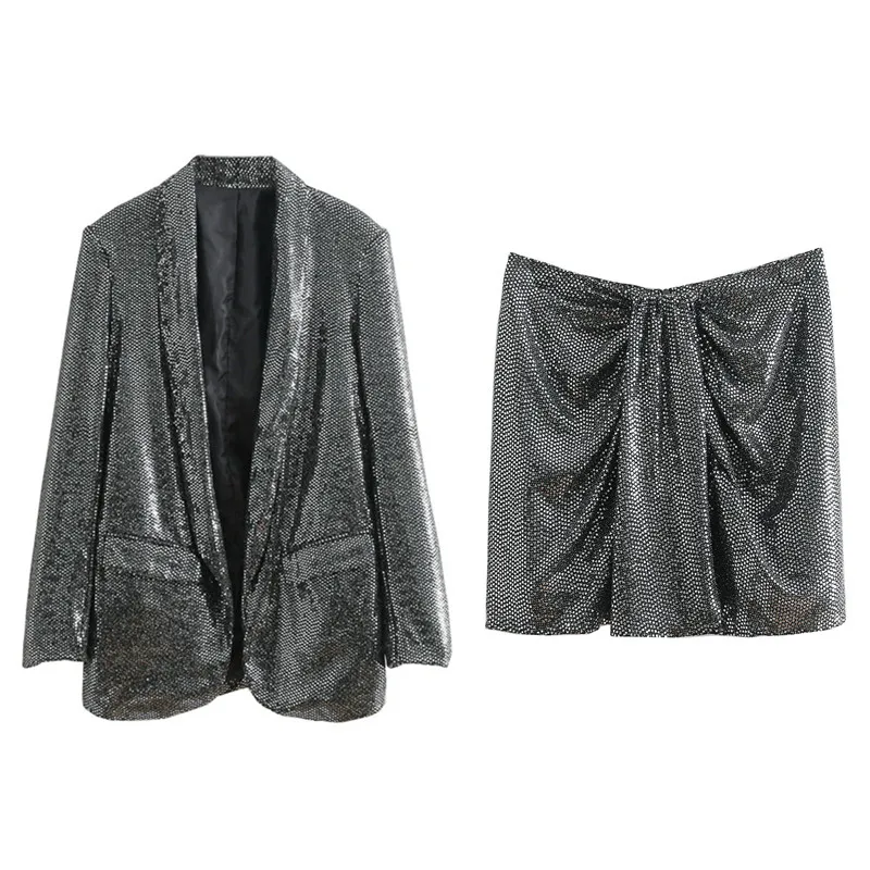 Женский комплект 2019 осенний Новый модный костюм с лацканами и блестками куртка