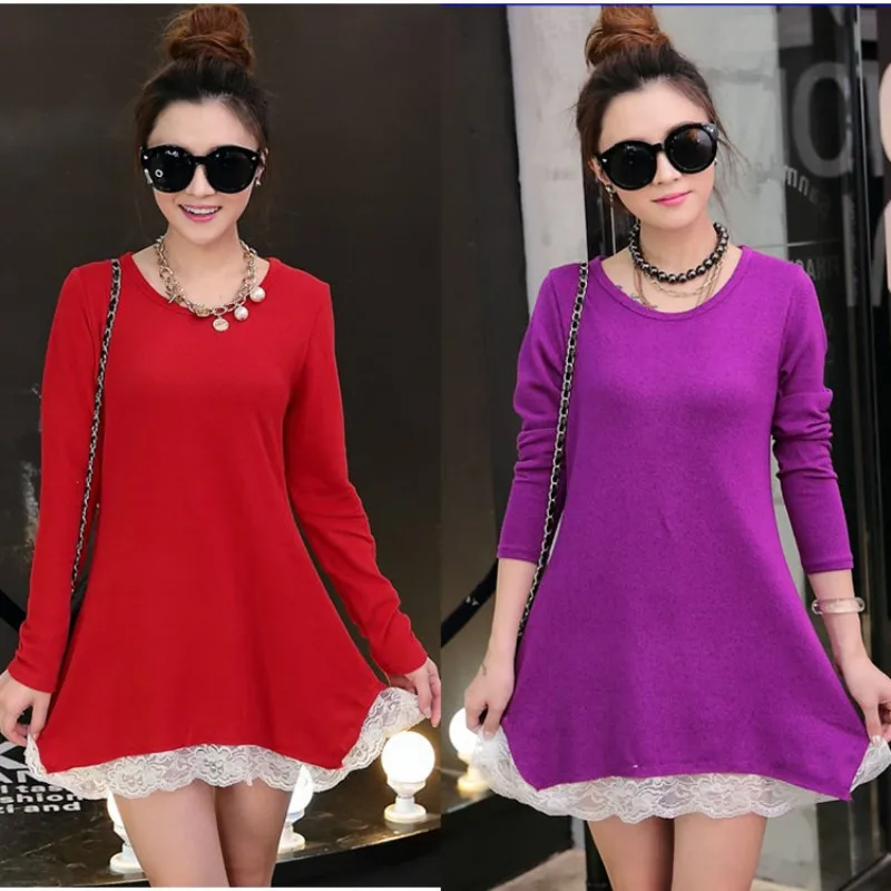 

Spring autumn maternity dress Pure color large size lace dress maternity loose clothes