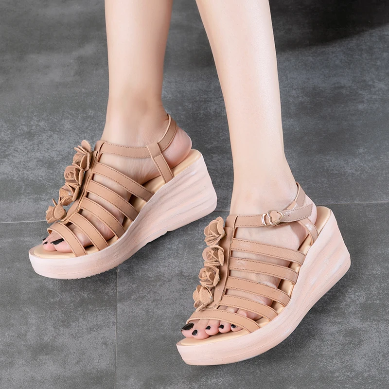 

VALLU Cross Strappy Wedge Shoes For Women 2018 100% Genuine Leather Female Sandals Sweet Floral Summer Handmade Lady Hot Shoes