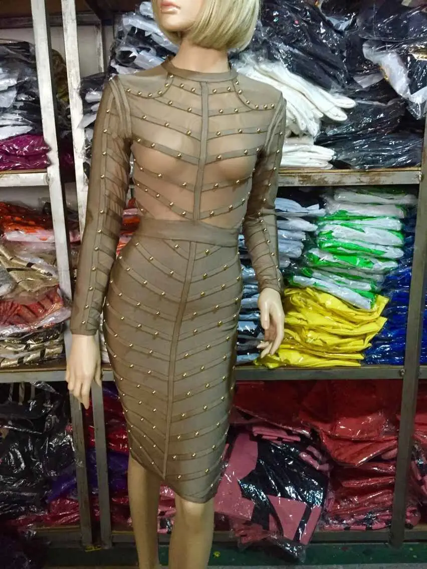 high quality new sexy fashion women wholesale pink grey black olive green long sleeve beaded bandage dress Dress + suit | Женская одежда