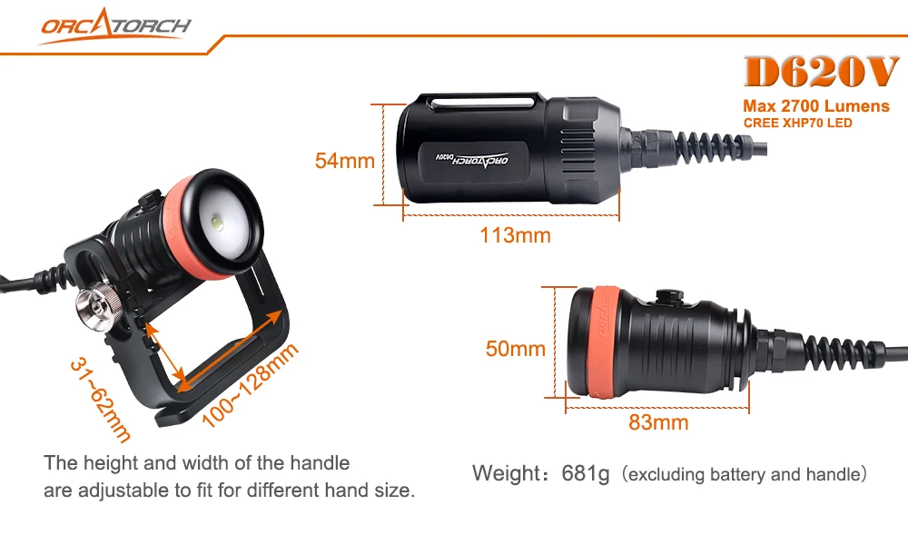 ORCATORCH D620V светодиодный светильник для дайвинга CREE XHP70 светодиодный 2700lm контейнер для дайвинга с ручкой Goodman фото/видео светильник 150 м подводный