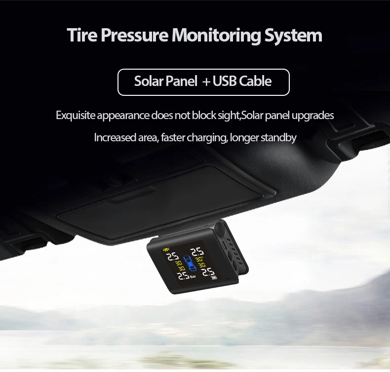 TUAO S6e Smart Car TPMS Tire Pressure Monitoring System Solar Power Charging TFT Display Tyre pressure sensor Auto alarm system |