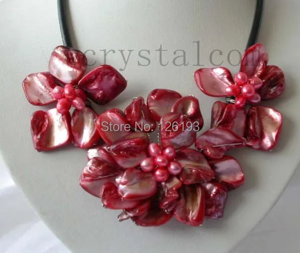 Красная оболочка цветок культивированный жемчуг Ожерелье Кожа | Украшения и