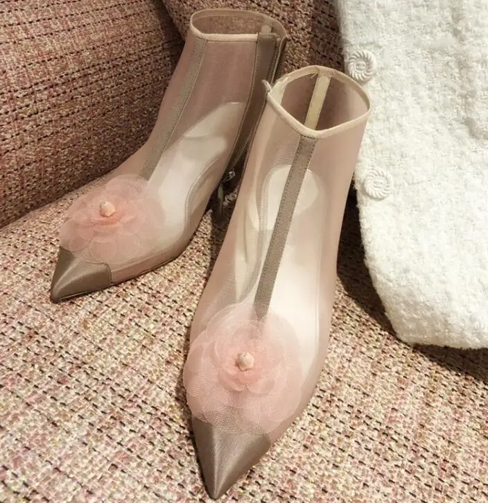 Pointed Toe Flower Clear Mesh Zipper Booties High Chunky Heels Summer Fashion Women Ankle Boots Patchwork Design Pumps - Цвет: as pic