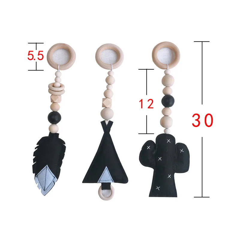Wooden Beads Nursery Beads Wall Ornaments With Felt Feather Cactus Tent Hanging Pendant Baby Rattle Stroller Play Gym Toy Decor