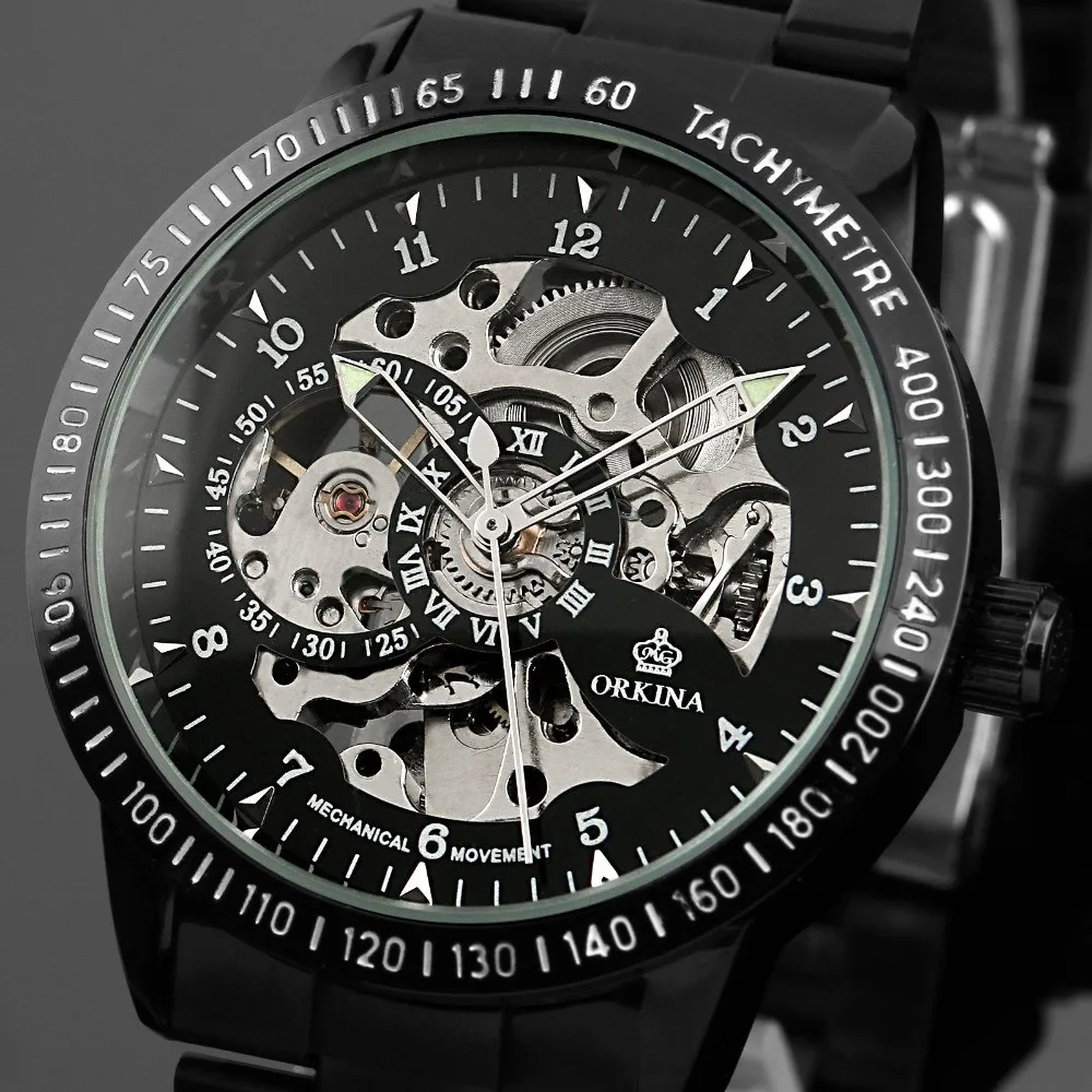 Горячие наручные часы мужские черные из нержавеющей стали с автоматической