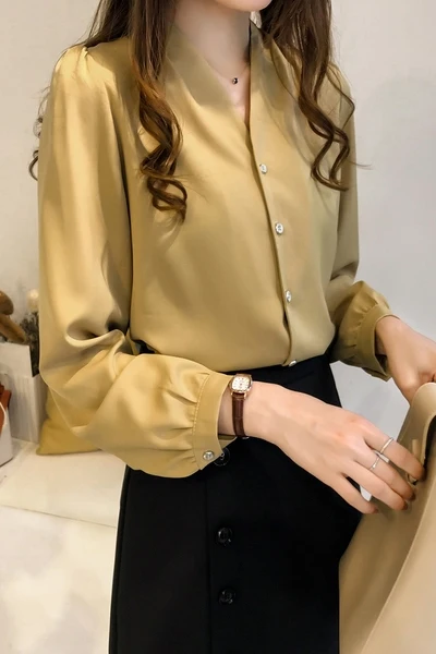 p26 m -4xl autumn the new women's pure color chiffon v neck shirt women long sleeve blouse loose |