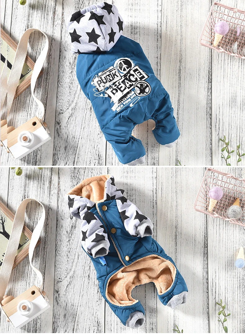 Winter New Arrivals Warm Dog Clothes with Five-pointed Star Printed Hit Color Four-footed Pet Jumpsuit for Small Dog Pug Clothes
