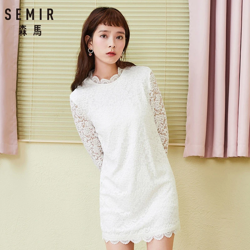 SEMIR прозрачное кружевное платье тройка с хомутом белое высоким воротом и длинным