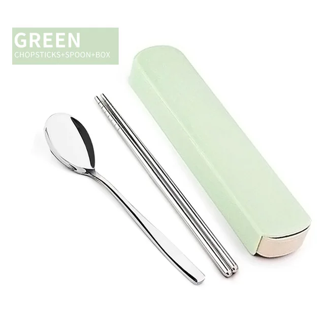 Green 3 Set Портативный набор посуды, китайская посуда из нержавеющей стали с коробкой для малыша, набор посуды для пикника, кухонные аксессуары - Цвет: Green 3 Set