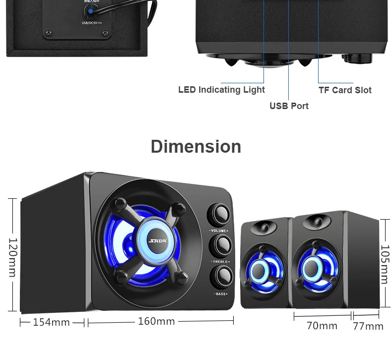 SADA D-208 USB цветные bluetooth-колонки светодиодный стерео мощный бас, Hi-Fi 3D объемный сабвуфер для ноутбука телефона ПК компьютера