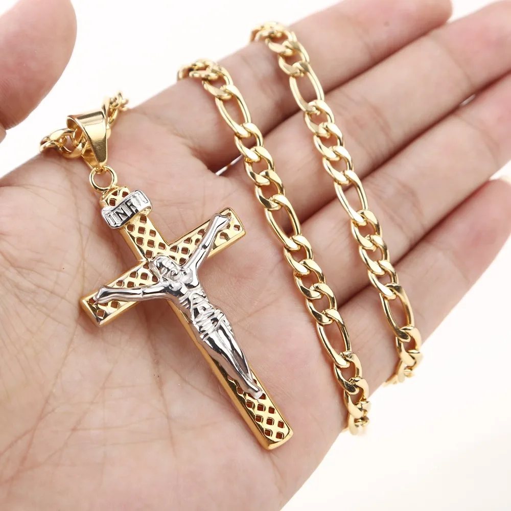 Catholic Jesus Christ on Cross Crucifix Stainless Steel Pendant Necklace 24&quot Curb Chain for Men Women | Украшения и