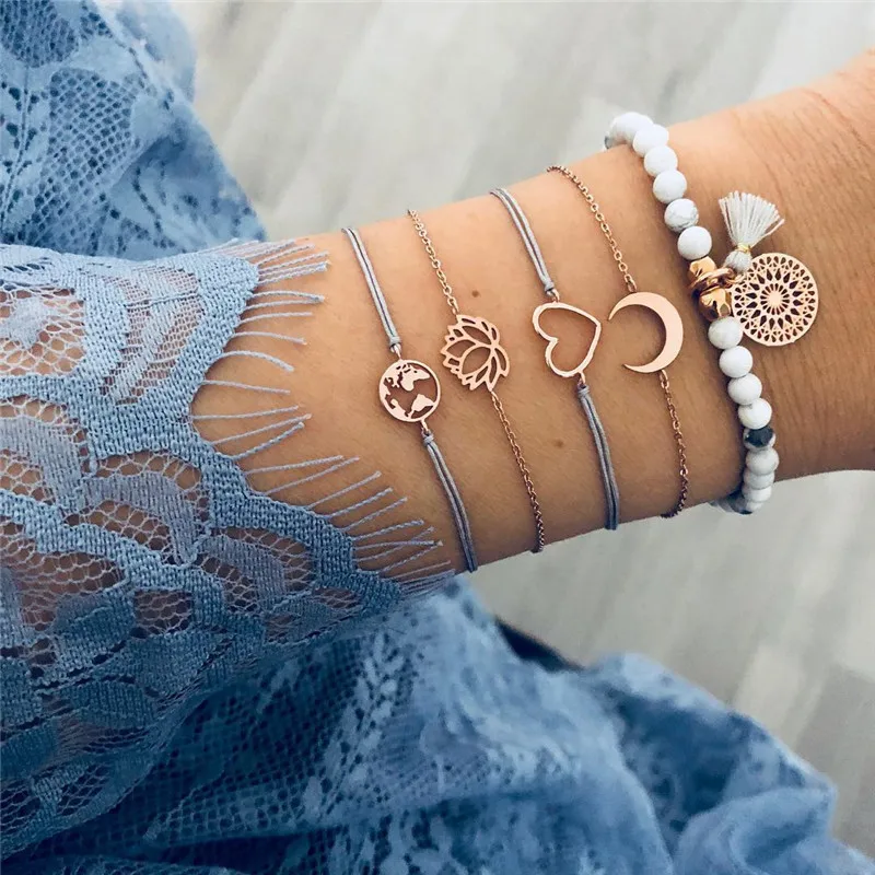 Ахмед 5 шт./компл. богемное сердце карта ладони лотоса браслет с Луной и браслеты