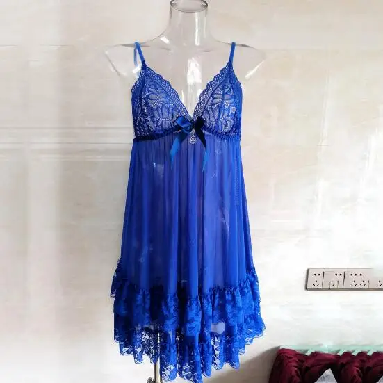 blue 2 pcs Fdfklak новые летние Ночные рубашки женские пижамы платье большого размера сексуальная ночная рубашка с v-образным вырезом сетчатая кружевная женская ночная рубашка - Цвет: blue 2 pcs