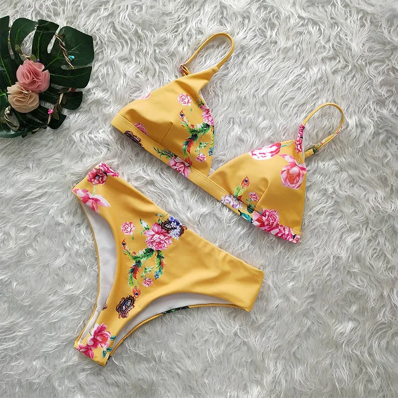 yellow print Купальник для фитнеса, женский купальник из двух частей, Леопардовый, тонкий, сексуальный, летний, пуш-ап, бикини, набор, высокая талия,, купальники, распродажа - Цвет: yellow print