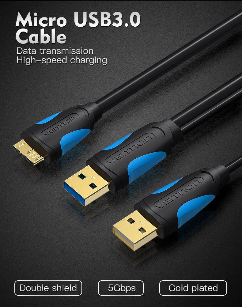 Vention Micro USB 3,0 Dual USB с кабелем питания папа-папа супер скорость 5 Гбит/с Синхронизация данных USB кабель для HD samsung телефон