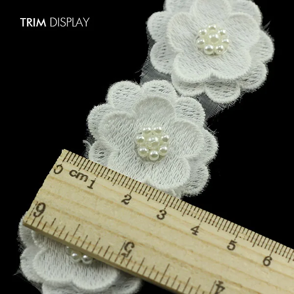Fashion bead lace Beaded Pearls 2 layer Flower Lace Fabric Ribbon White Trim Applique Scrapbooking Venise Embossed for W | Дом и сад