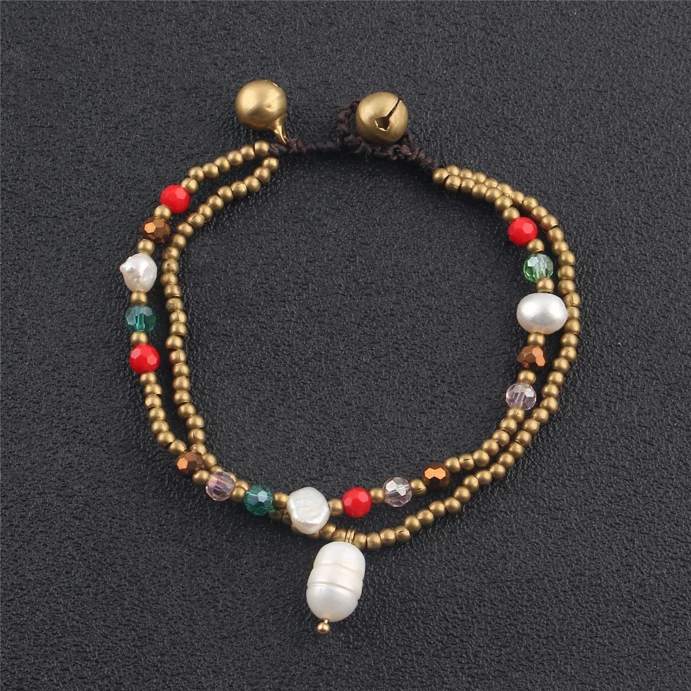 

2018 Handmade Layered Simulated Pearl Charm Blue Crystal Beaded Chain Bracelets for Women Fashion Gold-Color Beads A Bracelet