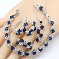 dark blue sapphire 925 silver jewelry sets for women hoop earrings bracelet rings necklace pendant birthday gift