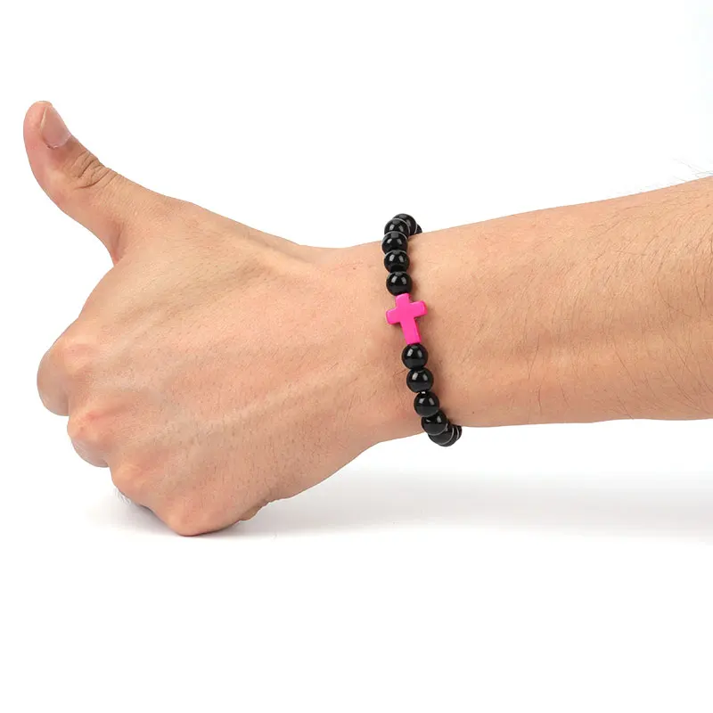 9 colors 8mm artificial crystal black light cross bracelet religious charm jewelry man woman handmade guard peace | Украшения и