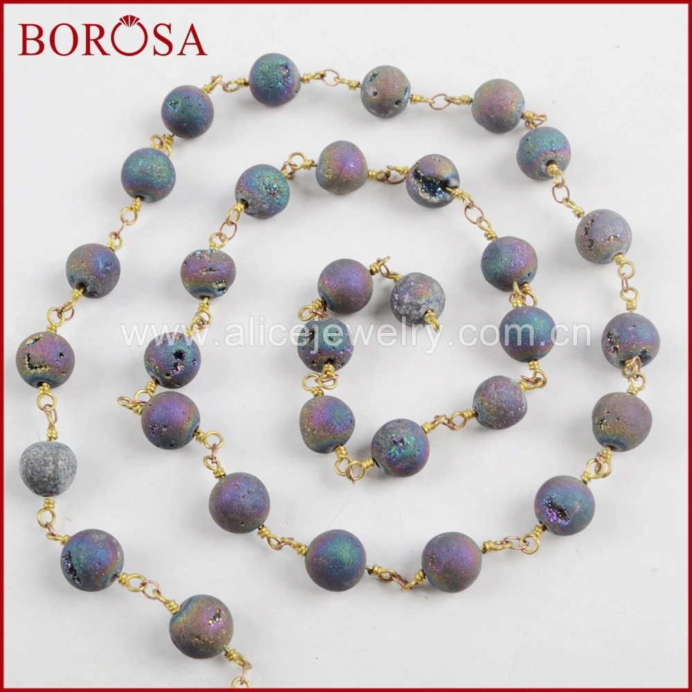 BOROSA New Arrival 8mm Round Rainbow Agates Titanium Druzy Beaded Chains Brass Chain for Necklace Drusy Jewelry Making JT202 | Украшения и