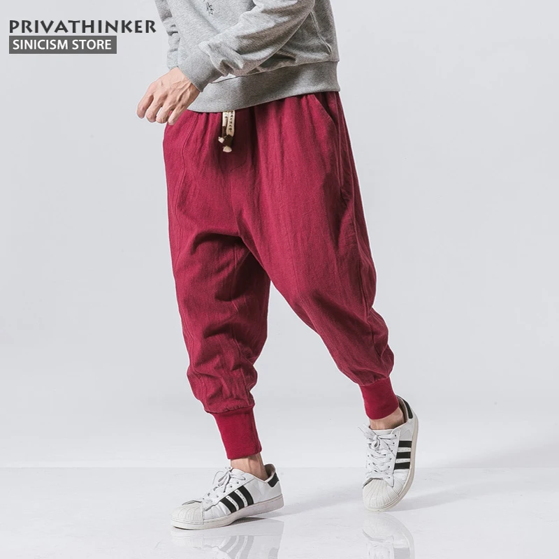 Sincism Store мужские шаровары, японские повседневные хлопковые льняные брюки, мужские штаны для бега, китайские мешковатые штаны