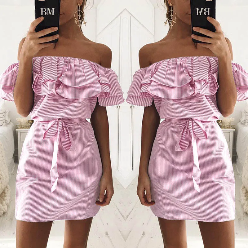 

Newly Women Ruffle Off Shoulder Stripe Slim Fashion Dress for Summer Beach Party m99