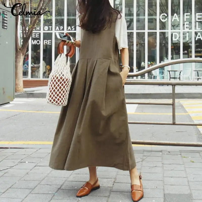 Летнее платье без рукавов, женское винтажное плиссированное платье без рукавов, женские повседневные свободные однотонные вечерние макси платья размера плюс