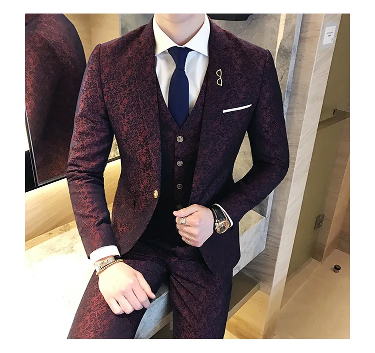 Красное вино жаккард 3 шт. костюм для свадьбы мужчин Жених костюм homme стройная фигура Модные Винтажные вечерние выпускного вечера(пиджак+ жилет+ брюки
