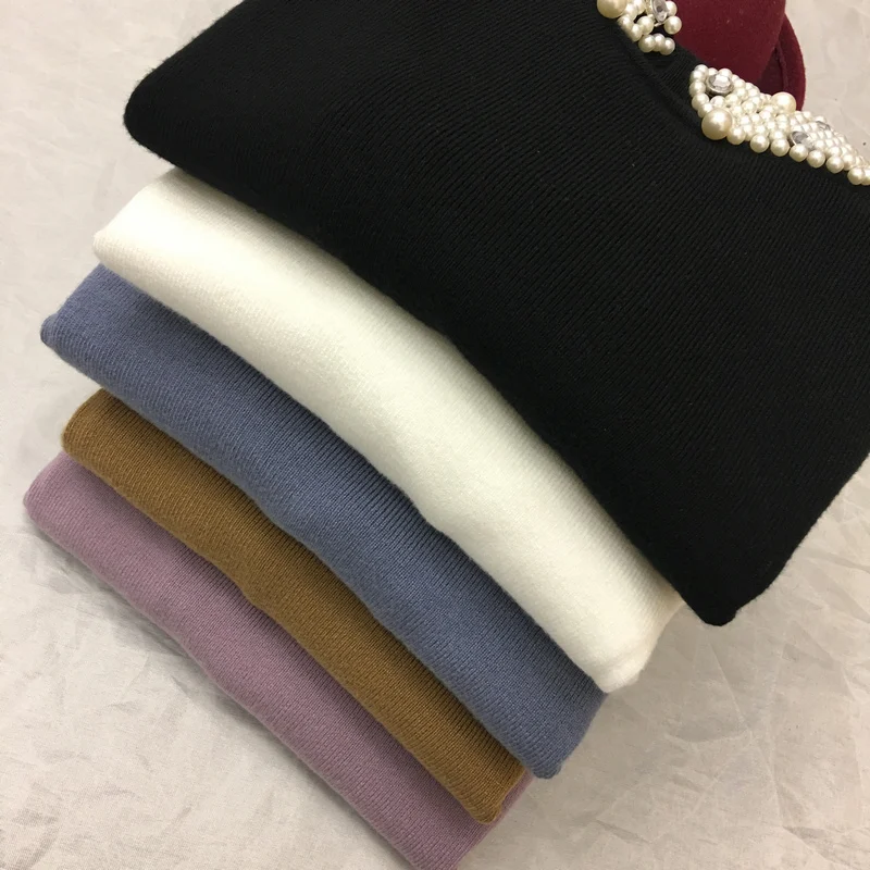 ALPHALMODA Beaded Collar Pullover Women Sweet Jumpers 2017 Winter New Ladies Solid Color Graceful Bottom Sweater | Женская одежда