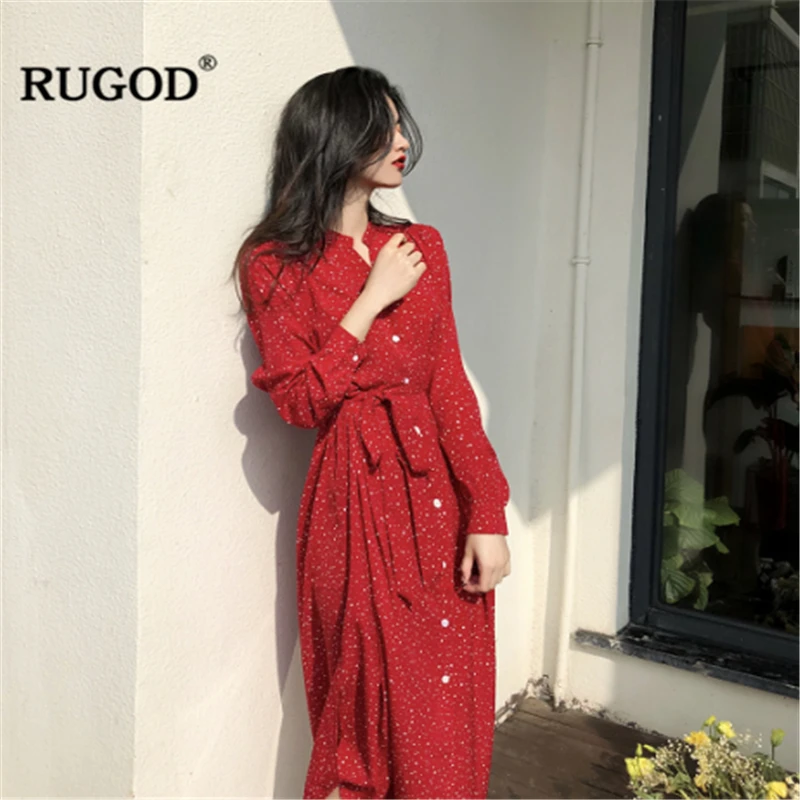 Женское длинное однобортное платье RUGOD красное до середины икры с v образным