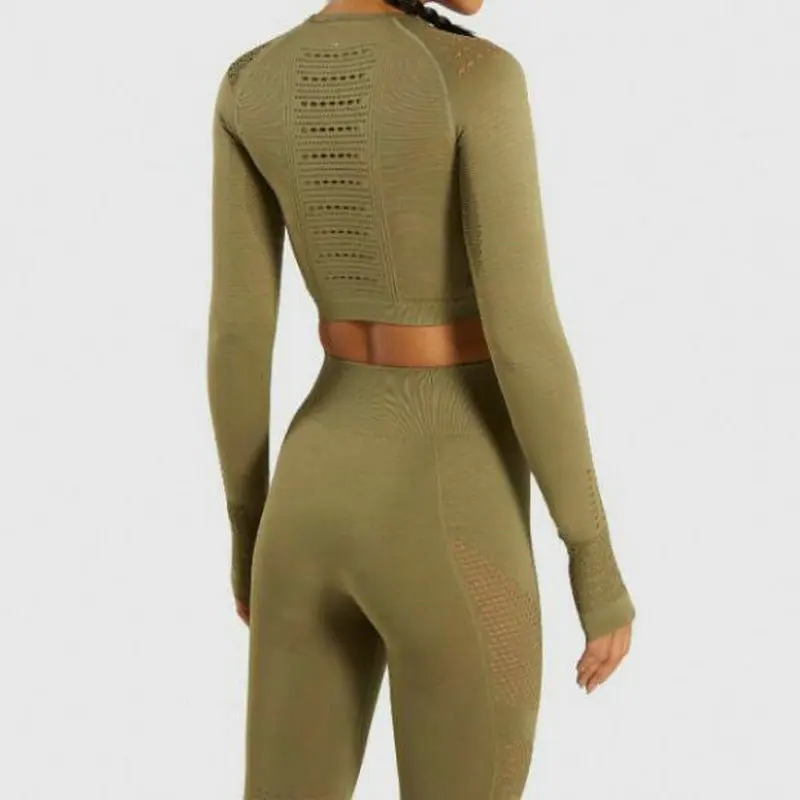 Army Green Безупречные трикотажные топы для йоги с длинными рукавами, топы для тренировок для женщин, топы для фитнеса, тренажерного зала, топы для занятий спортом, Спортивная рубашка для женщин - Цвет: Army Green