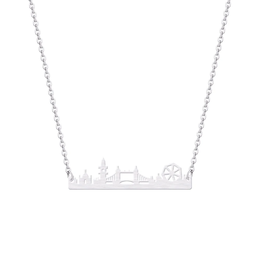 Vintage Sherlock Pendant London Skyline Necklace Stainless Steel Layer Link Chain Gold Color UK City State Ethnic Jewelry