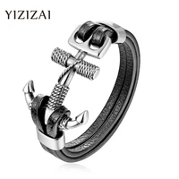 yizizai genuine leather anchor bracelet men lion double wolf shackles stainless steel charm bracelets wristband fashion jewelry