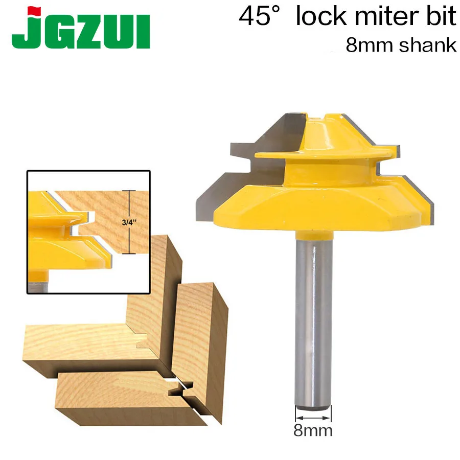 

1PC 8mm Shank Medium Lock Miter Router Bit - 45 Degree - 3/4" Stock woodworking milling cutter/milling tools /carbide end RCT