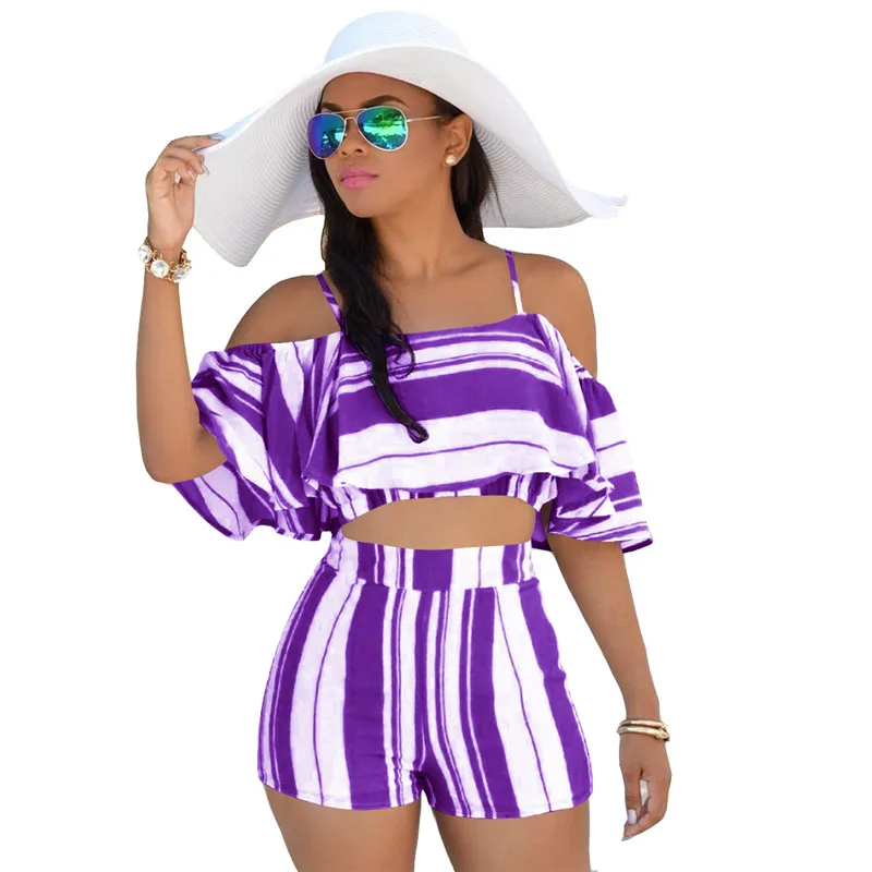 

Sexy Summer Two Piece Set Women Striped Print Off Shoulder Crop Top and Shorts Suits Ruffles Bohemian Beachwear Casual Outfits