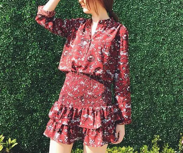 dark red top skirt Фиолетовый цветочный принт Топ блузка рубашка спереди buttonedдлинные рукава матч Короткие гофрированная юбка высокая смоченная Талия комплект из 2 предметов - Цвет: dark red top skirt