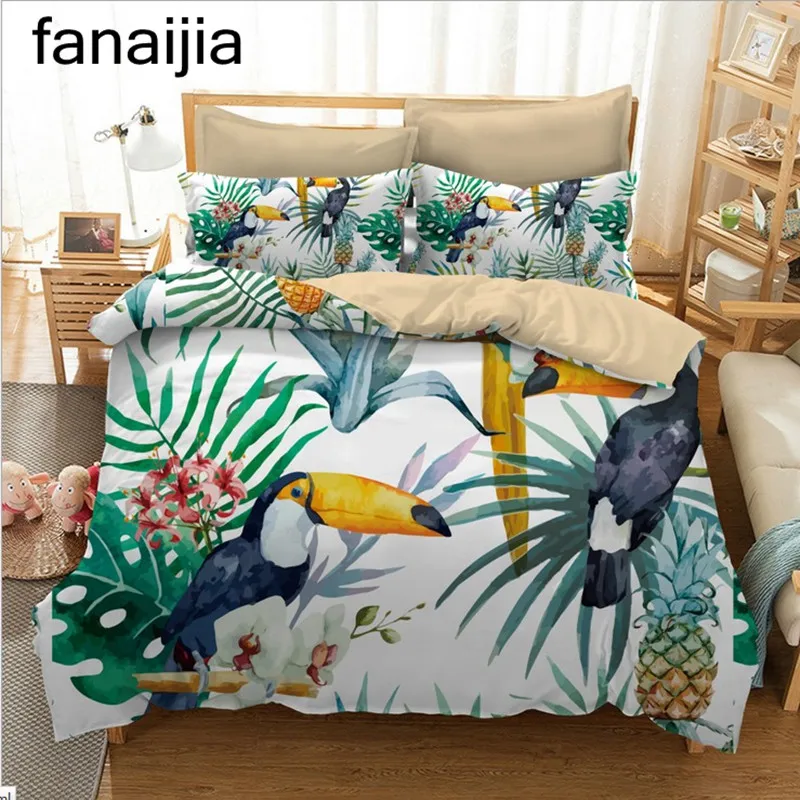 

FANAIJIA bohemia 3d bedding sets Tropical plants printing duvet cover set Pillowcase king size Toucan Bedlinen best gift