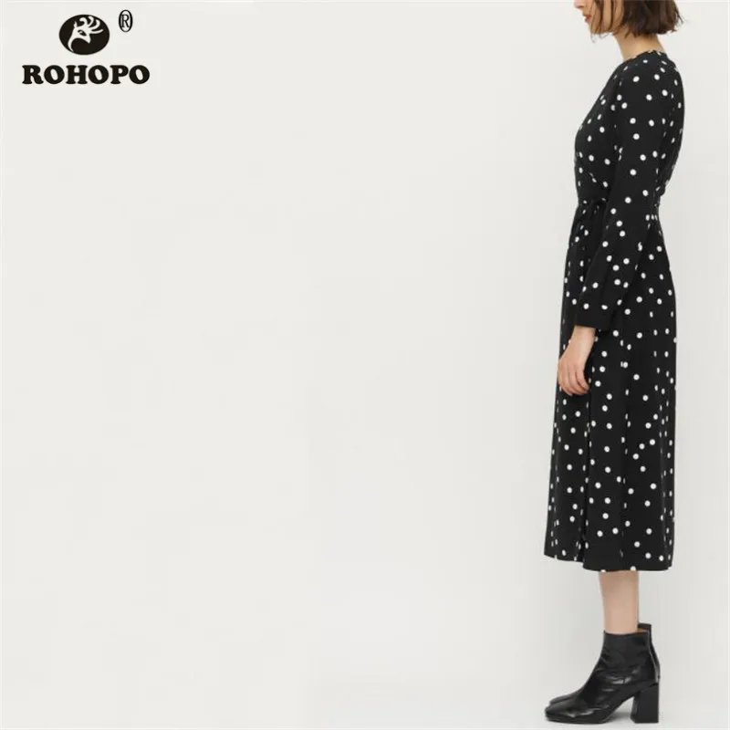 Женское платье в горошек ROHOPO темно-синее с длинным рукавом Осеннее женское
