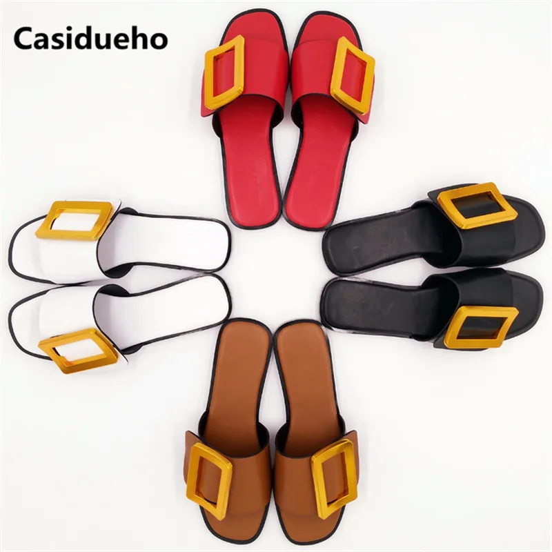 Casidueho пряжки Для женщин тапочки из мягкой кожи с открытым носком женские туфли на